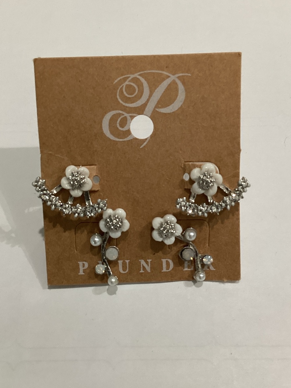 Plunder White Flower Pearl and Silver Crystal Earrings Set